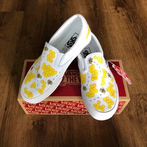 Honey Bee and Honey Comb Custom Vans--Off The Wall White Slip On with Custom Art--Honey Bee Shoes