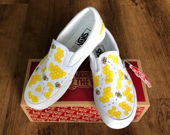 Honey Bee and Honey Comb Custom Vans--Off The Wall White Slip On with Custom Art--Honey Bee Shoes