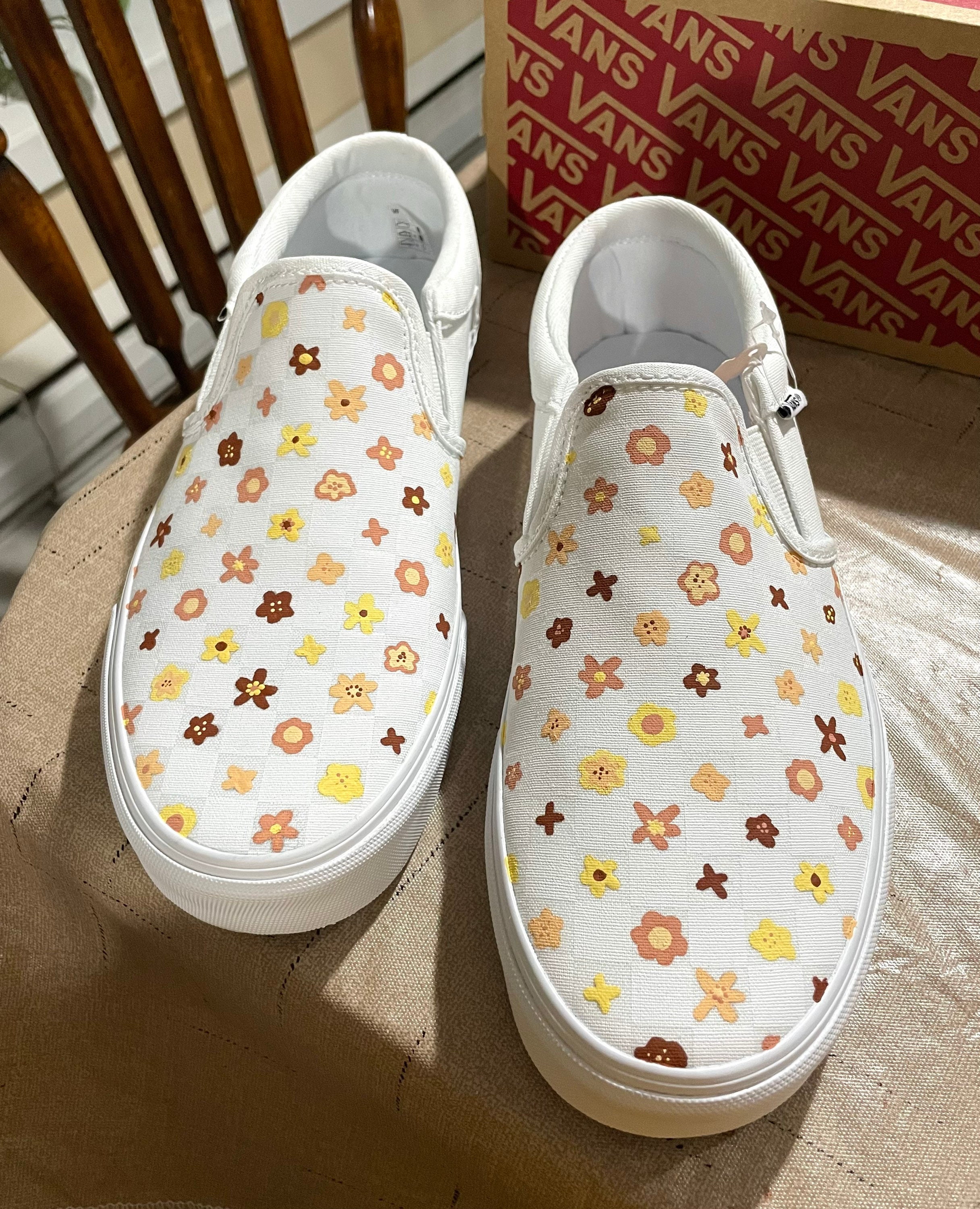 Retro Flowers on Checkerboard Slip on Vans Hand painted Flower Vans Etsy Canada