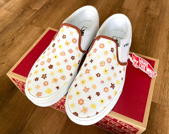 Retro Flowers on Checkerboard Slip on Vans Hand painted Flower Vans Etsy Canada