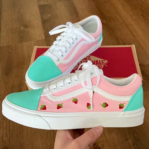 Strawberry and Turquoise Old Skool Vans— Custom Vans— Strawberry Painted Vans