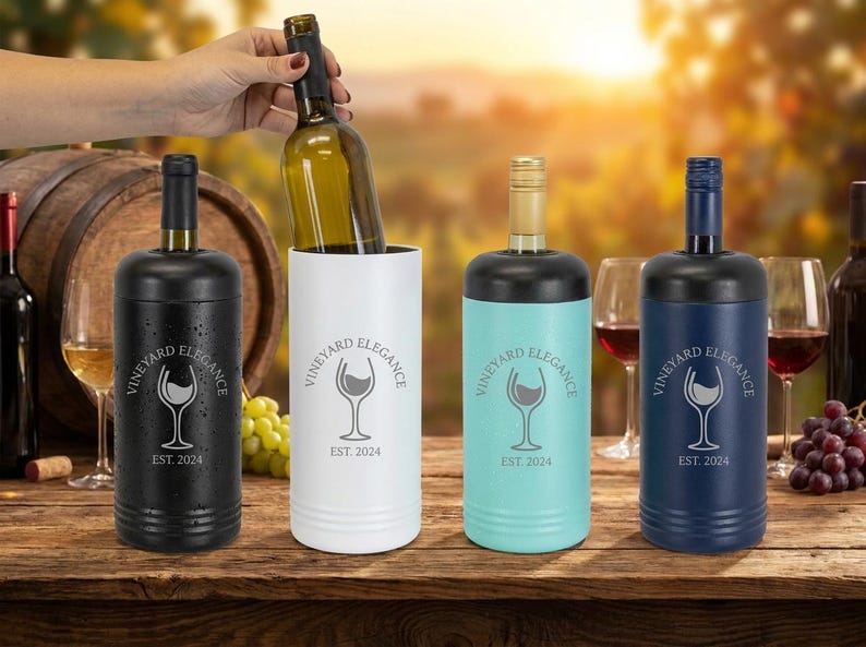 May include: Four wine bottle chillers in black, white, teal, and navy blue, each with a black top. The text "VINEYARD ELEGANCE" and "EST. 2024" are printed on the front. A hand is inserting a wine bottle into the white chiller.