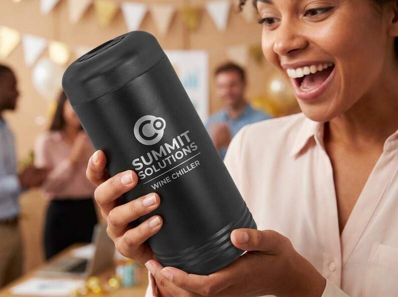 May include: A black wine chiller with the text "SUMMIT SOLUTIONS WINE CHILLER" in white. The cylindrical cooler is held by a person in a light pink shirt. The background is blurred, suggesting a social gathering.