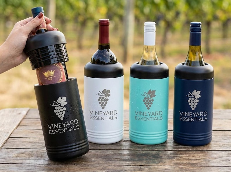 May include: A selection of wine bottle coolers in black, white, teal, and navy blue, each with a black top. The coolers feature the text "VINEYARD ESSENTIALS" and a grape cluster design. One cooler is being held, revealing a wine bottle.