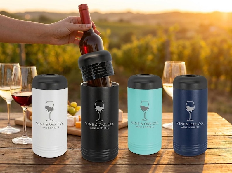 May include: Wine bottle and four insulated wine chillers in white, black, teal, and navy blue. Each chiller has a black lid and a wine glass logo with the text "VINE & OAK CO. WINE & SPIRITS".