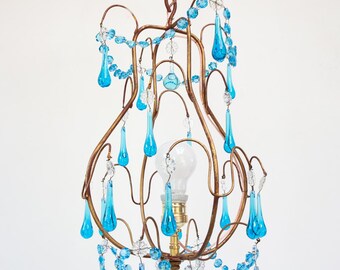 Lustre italien à pampilles bleu turquoise, vers 1960 (30 cm)