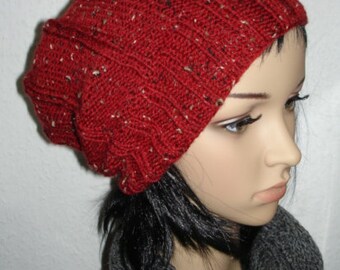 Beanie - Mütze - handgestrickt - rot-tweed