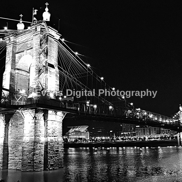 Cincinnati Roebling Suspension Bridge Black and White Print Wall Art Stock Photo, Digital Download