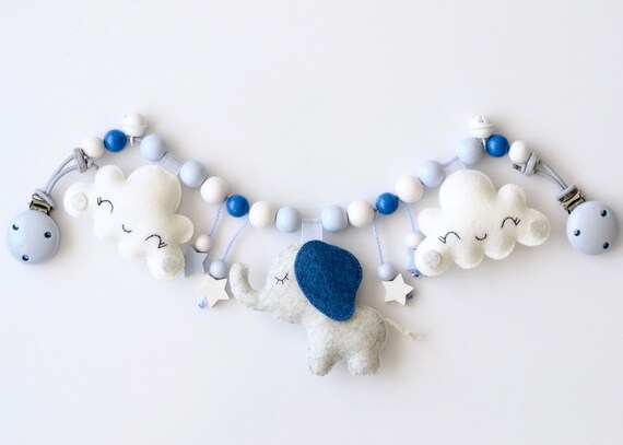 Kinderwagenkette aus 100/% Wollfilz Kinderwagenkette Elefant mit Wolken