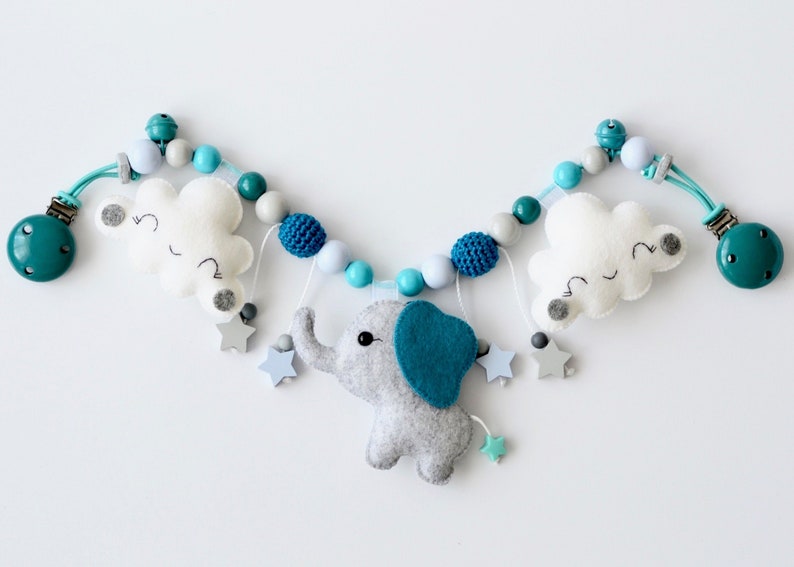 Kinderwagenkette aus 100/% Wollfilz Kinderwagenkette Elefant mit Wolken