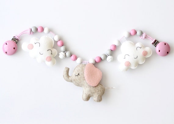 Kinderwagenkette aus 100/% Wollfilz Kinderwagenkette Elefant mit Wolken