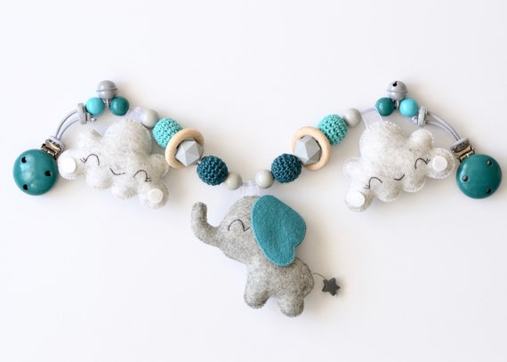 Kinderwagenkette aus 100/% Wollfilz Kinderwagenkette Elefant mit Wolken