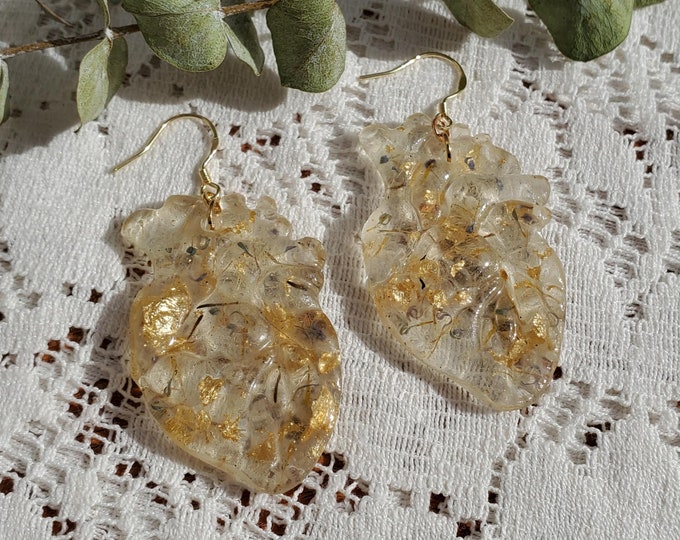 Valentines Collection Blooming Heart Gold Plated Earrings Resin Anatomical Hearts with Real Flowers and Golden Flakes