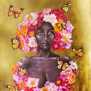 Digital Portrait | Black Woman Portrait | Black Woman Print | Black Queen Print | Flower Hair Portrait | Black Art | Black-Owned Art