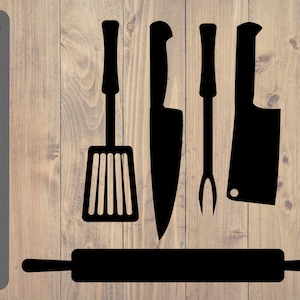 May include: A set of five black kitchen tools, including a rolling pin, a spatula, a chef's knife, a fork, and a cleaver. The tools are arranged vertically on a woodgrain background.