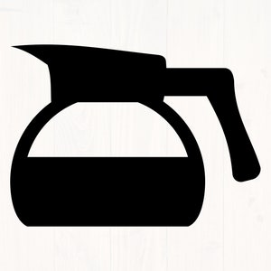 May include: A black silhouette of a coffee pot with a rounded body and a spout. The pot is filled with coffee.