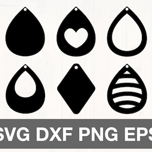 May include: Six different black earring designs, including a teardrop shape with a heart cutout, a teardrop shape with a circle cutout, a teardrop shape with stripes, a teardrop shape with a solid fill, a diamond shape, and a teardrop shape with a solid fill.