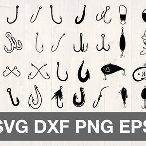 Peut inclure: Un ensemble de 24 fichiers de découpe SVG de hameçons et de leurres noirs et blancs. Les motifs comprennent différents types d'hameçons, de leurres et d'icônes liés à la pêche.
