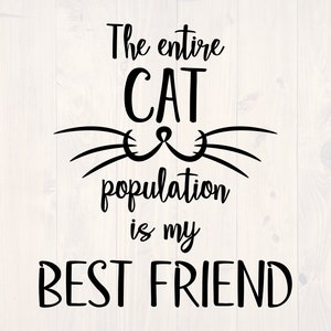 Op de afbeelding: Zwart-witte tekstafbeelding die "The entire CAT population is my BEST FRIEND" leest met een gestileerde kattenneus en snorharen.
