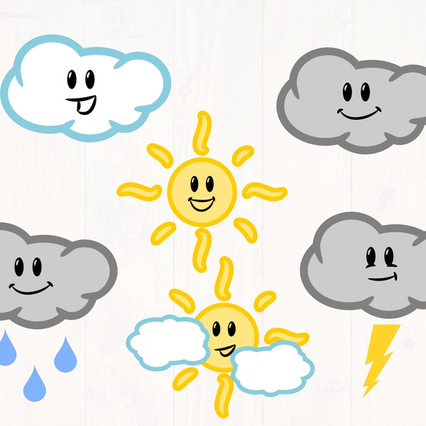 Cute weather calendar clipart svg, png, eps, and dxf cloud clip art, sun clipart, cut files, rain clipart for cricut and silhouetted
