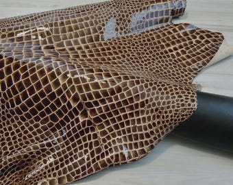 2oz brown and tan alligator crocodile belly print embossed sheepskin lambskin leather hide, Crafting Leather, Handmade, Patent. 4-6 sqf