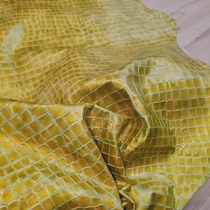 Peut inclure: Gros plan sur un morceau de cuir jaune avec un motif texturé en forme d'écailles. Le cuir a une finition brillante et est plié, révélant des ombres et des reflets. Le matériau semble être une peau, peut-être pour l'artisanat.