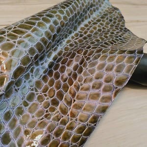 2oz Metallic brown alligator crocodile embossed sheepskin lambskin leather full hide, grain panel sheet,  Patent, Crafting leather 4-6 sqf