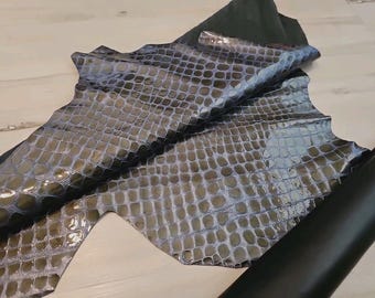 2oz ice tan blue alligator crocodile belly print embossed sheepskin lambskin, liner panel, sheet,  leather full hide, Handmade 4-6 sqf