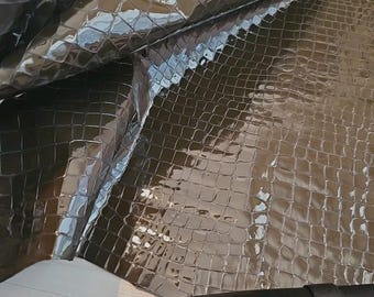 2oz Dark brown alligator croc belly print embossed sheepskin, Lambskin leather liner panel, sheet,  leather full hide, Handmade 4-6 sqf