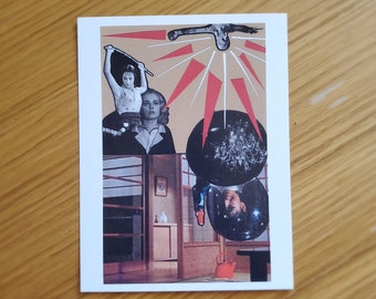 Op de afbeelding: Een vintage collage met drie figuren, twee vrouwen en een man, met een rood en zwart geometrisch ontwerp op de achtergrond. De figuren zijn gedeeltelijk verborgen door een zwart-wit cirkelvormig ontwerp.