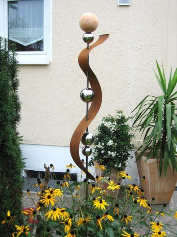 Stele Gartendeko Edelstahlkugel Rost Terracotta 1 Etsy