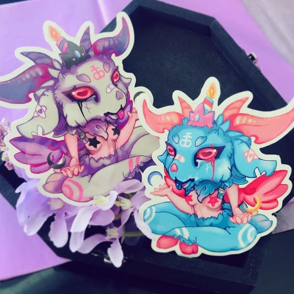 Baby Baphomet limited edition color variations: Pastel Goth and Cotton Candy vinyl stickers