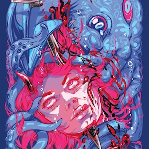 May include: Illustration of a woman's face with pink hair and a blue octopus-like creature. A sword pierces the creature. The woman's face has the letters "SXY" and "GRBG" on it. Red blood-like elements are present.