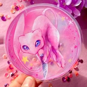 May include: A pink and white cartoon character with blue eyes holding a knife. The character is surrounded by a pink background with white stars.