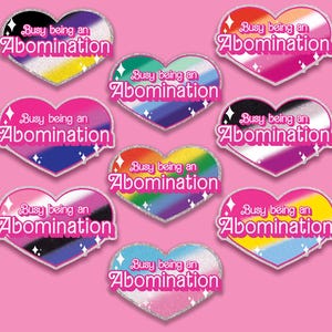 Busy Being an Abomination Pride heart glitter Stickers.