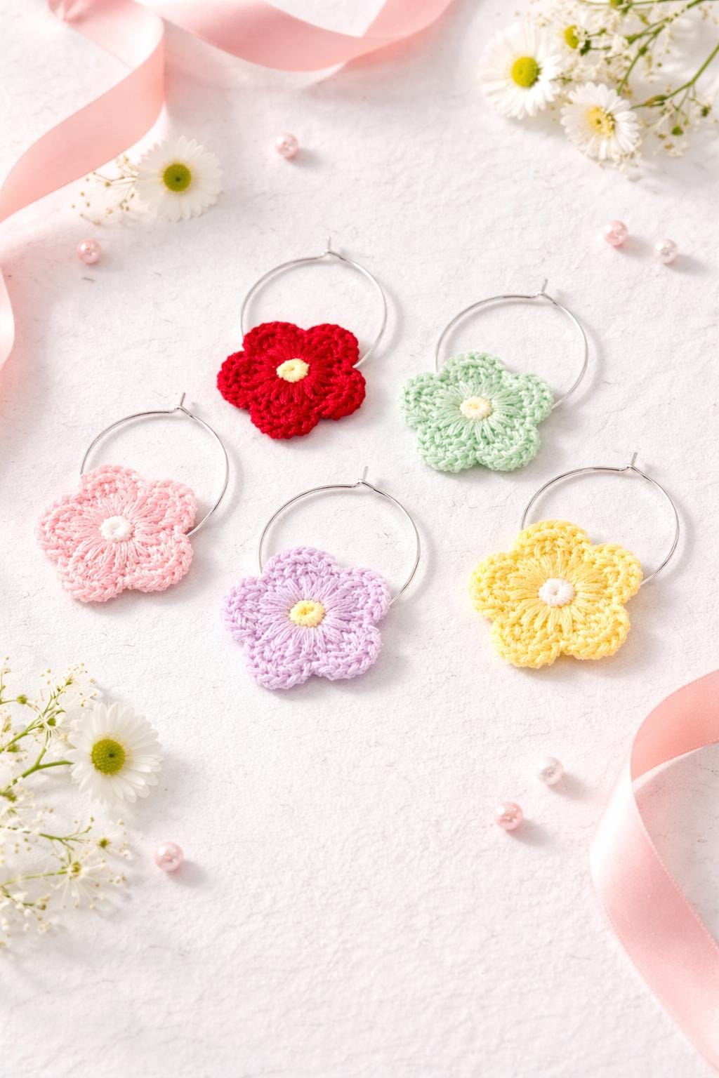 Colorful Crochet Flower Wine Charms