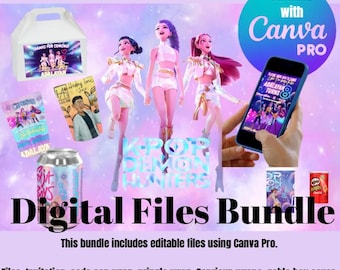 May include: Digital Files Bundle featuring K-Pop-themed graphics. Includes invitation, soda can wrap, Pringle wrap, Caprisun wraps, gable box cover, and extra graphics. The image shows dolls, a phone, and various printable items.
