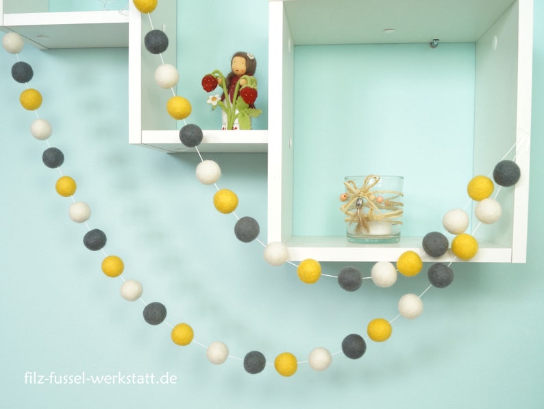 Garland, felt, great choice of colors, felt ball, children's room, baby room, wall decoration, playroom, pom pom garland, yellow, gray, spring image 9