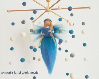 Baby mobile, felted, felt, customizable, blue, baptism, baby mobile, angel, fairy, birth, gift, baby room, approx. Ø43cm