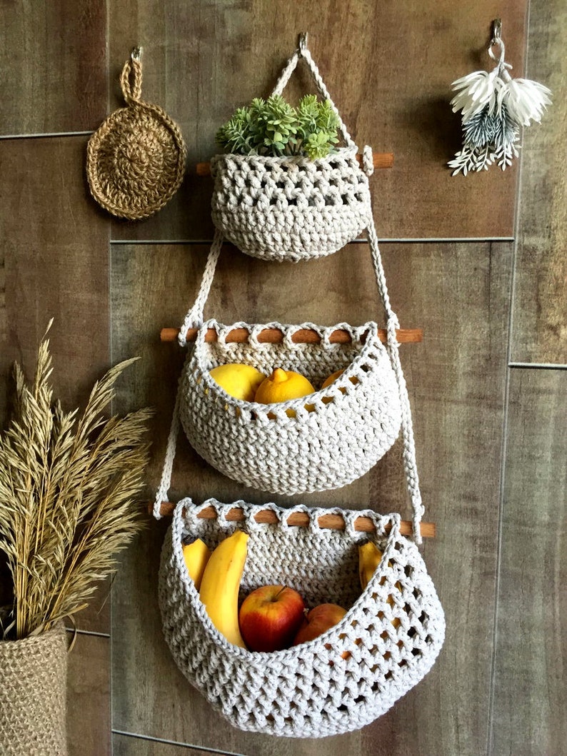 Three tiered hanging fruit basket kitchen Wall decor Natural Etsy