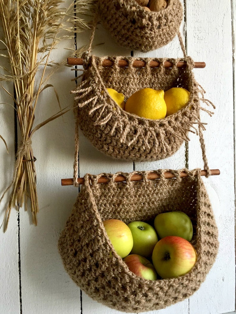 Hanging fruit basket Boho style Three tier Jute wall