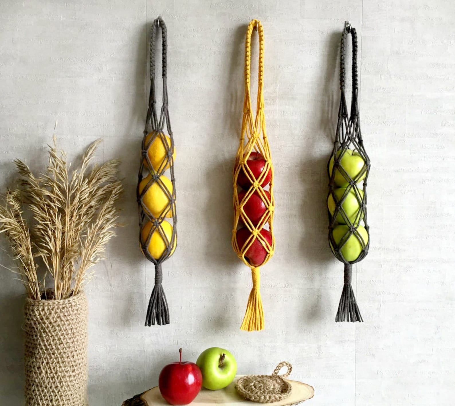 Hanging Fruit Basket Rustic Style Set 3 Vegetable Bags Rope Etsy