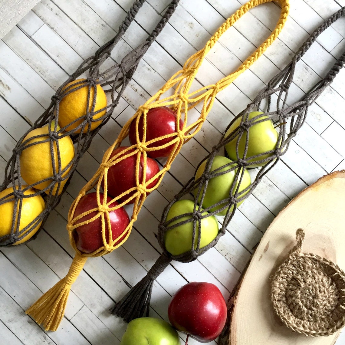 Hanging Fruit Basket Rustic Style Set 3 Vegetable Bags Rope Etsy