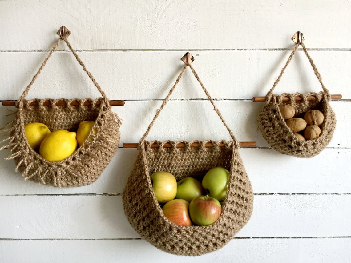 Jute wall basket Hanging fruit basket Boho style Three tier Etsy
