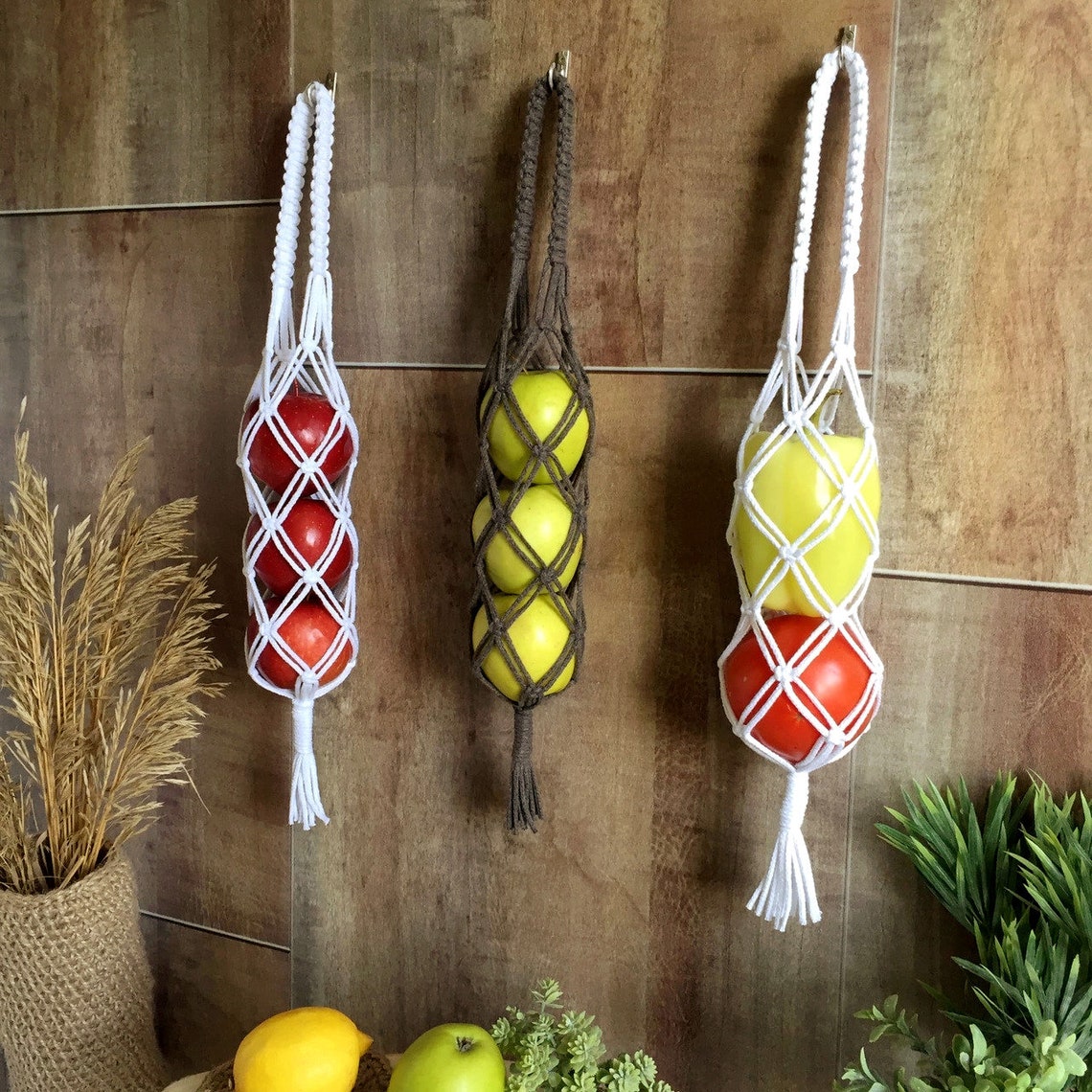 Hanging Fruit Basket Set 3 Vegetable Bag Rope Reusable Wall Etsy