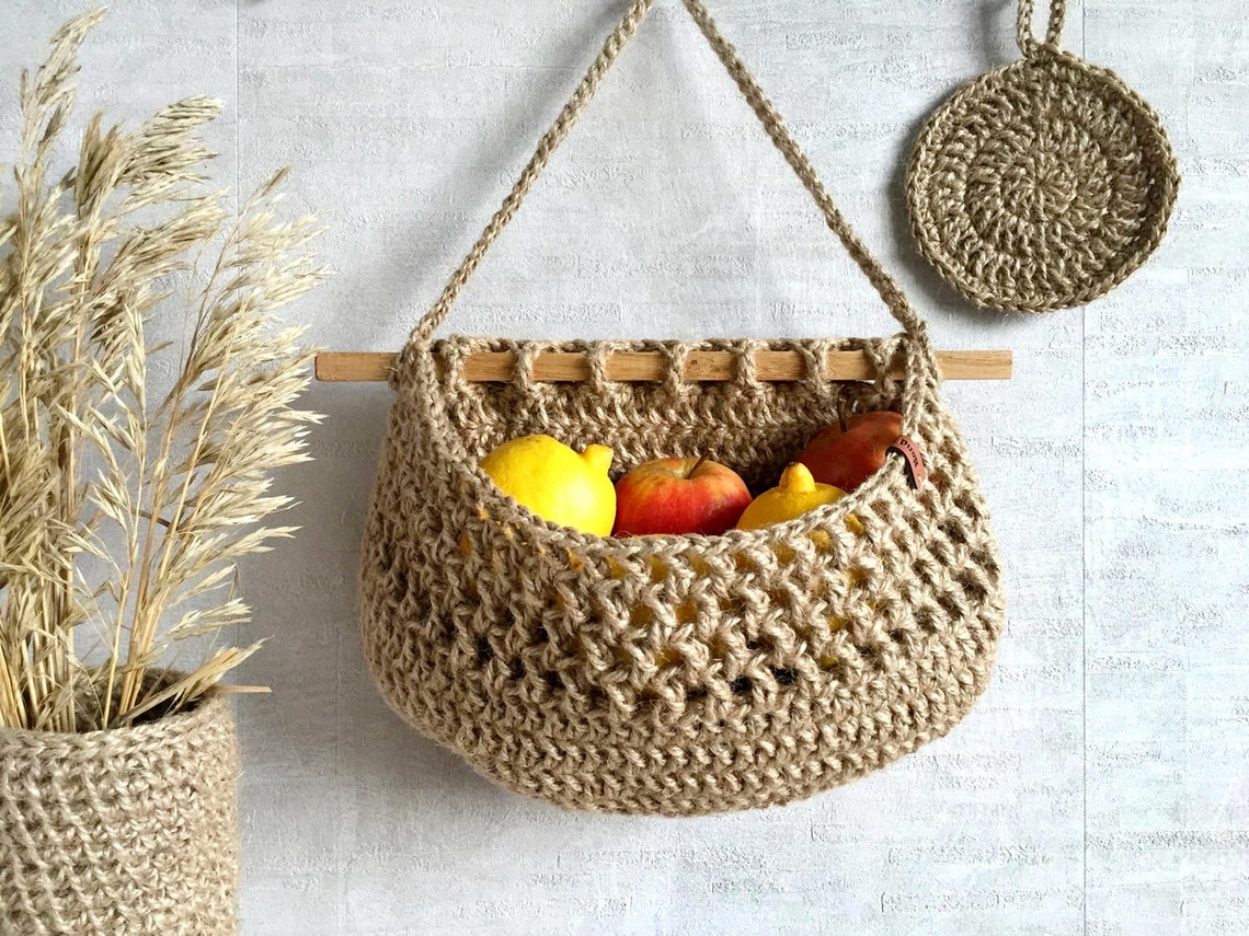 Hanging basket Boho wall decor Jute fruit basket Zero waste Etsy