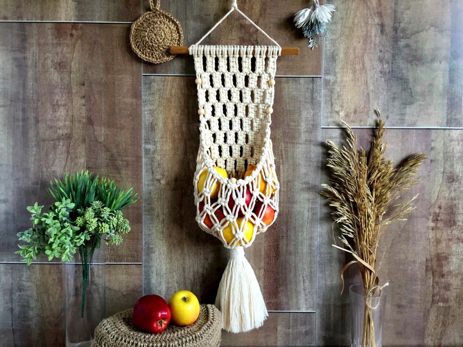 Macrame hanging fruit basket Wall decor kitchen Boho interior Etsy