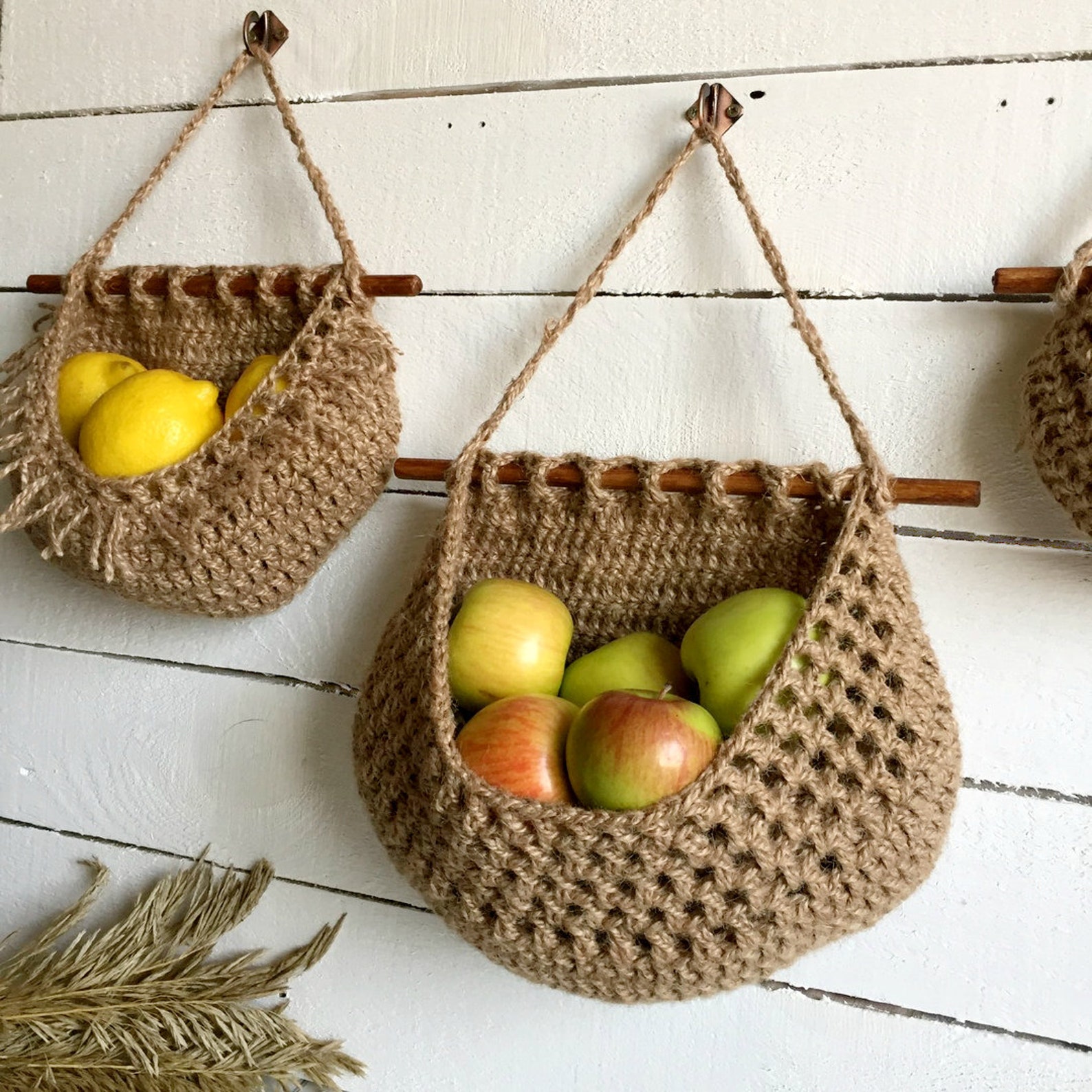 Jute wall basket Hanging fruit basket Boho style Three tier Etsy