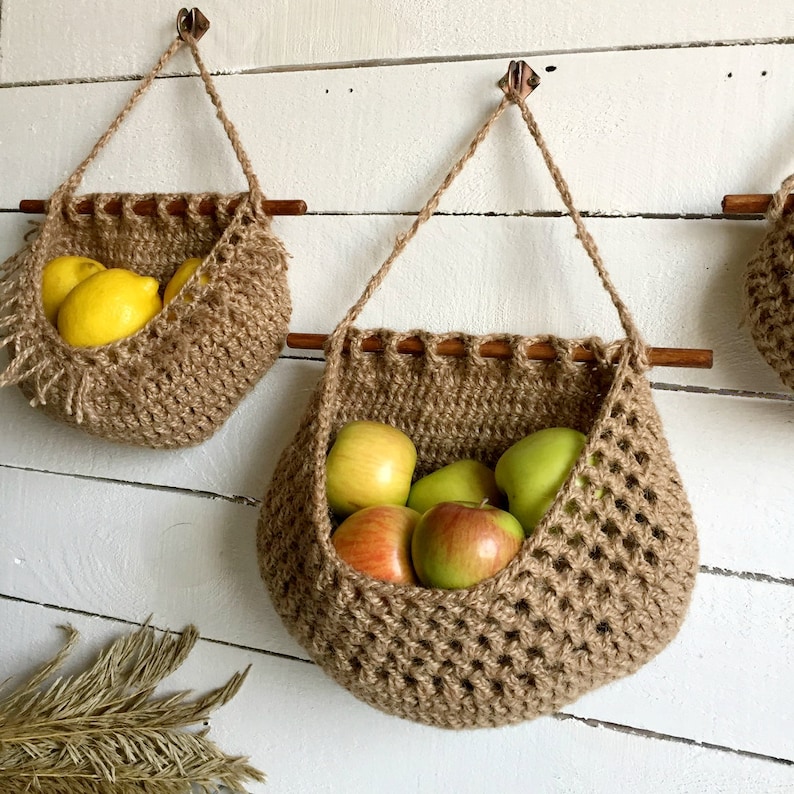 Hanging fruit basket Boho style Three tier Jute wall basket Etsy