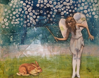 Mixed Media Art on Canvas Fantasy "The Wish" Outsider Art Surreal Zetti Fairy Rabbit 12X12 Ready to Hang OOAK